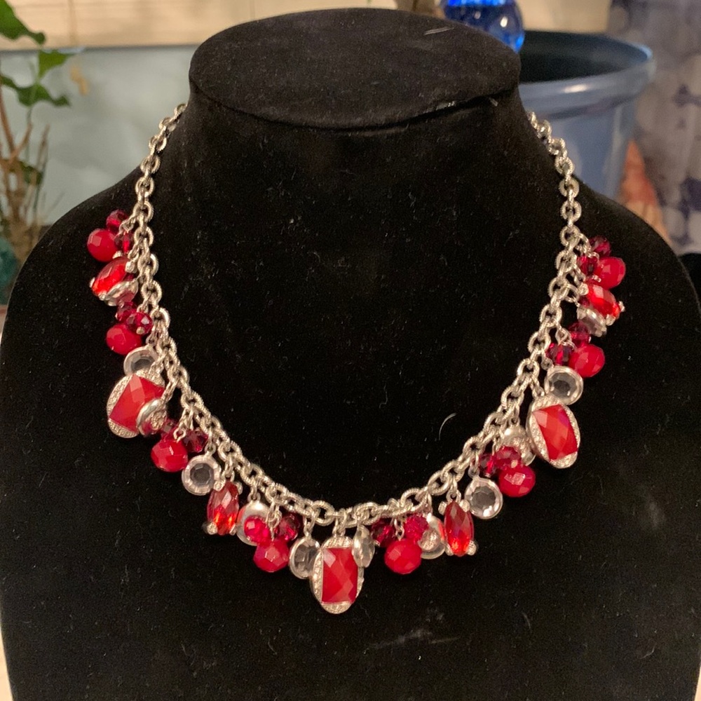 Silver, reds, and clear necklace